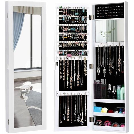 Wall-mounted Jewelry Storage Cabinet Door Hanging Jewelry Armoire w/ Full Mirror
