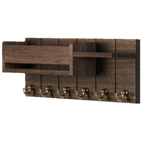 Wall-mounted key holder, wooden key holder and mail organizer, with 6 hooks, suitable for living room decor and entryways in a rustic farmhouse style - brown.