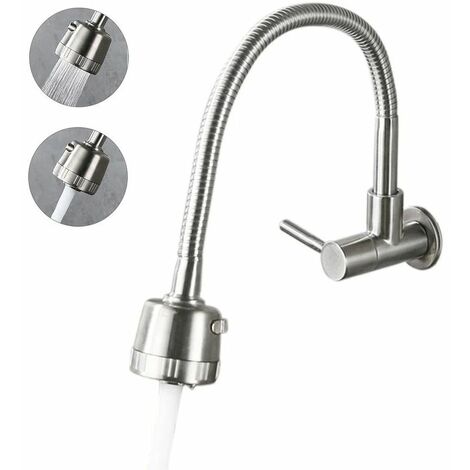 Wall-Mounted Kitchen Faucets 2 Water Modes High Arc Single Handle Bathroom Sink Faucets Stainless Steel Brushed Finished 360 Degree Rotatable Water TapSilver