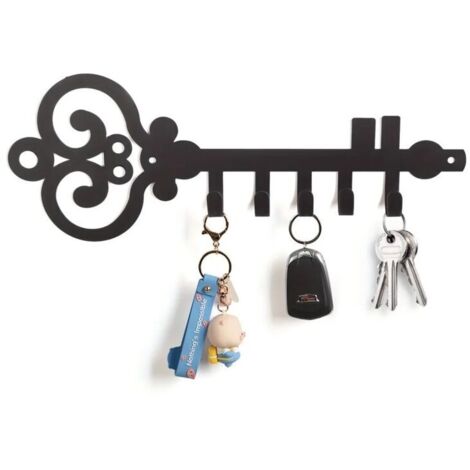 Wall-Mounted Metal Coat Rack with Key Holder and Decorative Design, Key-Shaped Organizer Rack with 5 Hooks for Wall, Bathroom, Kitchen, Entryway