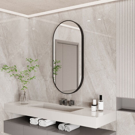 Wall-Mounted Mirror for Bathroom Dressing Room Bedroom Corridor Aluminum Alloy Black Framed Wall Mirror, Oval 100 x 50cm