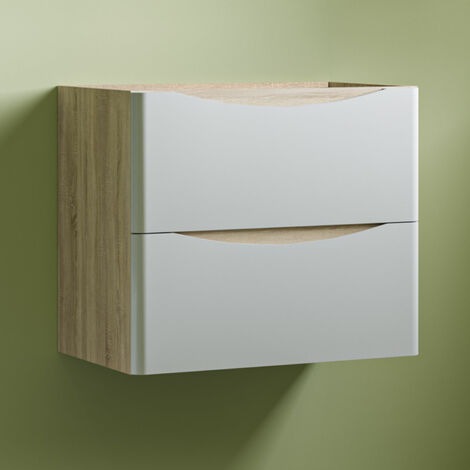 Wall Mounted Modern Bathroom Vanity Unit without Basin Flat Pack 2 Drawers - 590mm Matt White + Oak