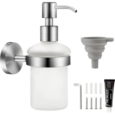 Wall-Mounted Soap Dispenser, Matte Glass, 200ml, Stainless Steel, No Drilling Required, Bathroom Shampoo and Shower Gel Dispenser, Press-On Pump Dispenser with Funnel