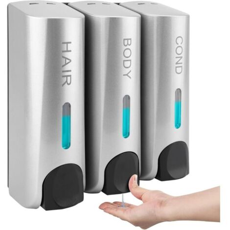 Wall-Mounted Soap Dispenser, Shower Gel Dispenser, Triple Shampoo and Conditioner Dispenser, ABS, for Bathroom, Kitchen, Market, Hotel, Restaurant, 350ML (Silver)