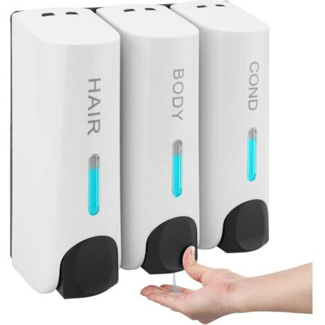 Wall-Mounted Soap Dispenser, Shower Gel Dispenser, Triple Shampoo and Conditioner Dispenser, ABS, for Bathroom, Kitchen, Market, Hotel, Restaurant, 350ML (White)
