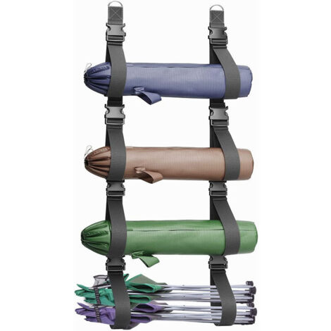 Wall-mounted storage for camping chairs, wider and adjustable straps with quick-release buckles, hanging storage system for more lawn chairs, tents, umbrellas