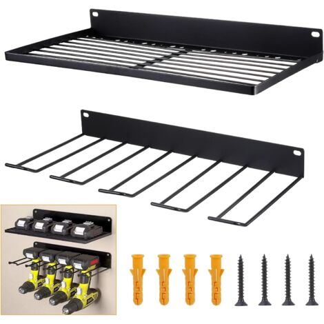 Wall-mounted tool storage rack, power tool organizer, 5-slot tool holder, metal wall shelf for workshop equipment storage (black)