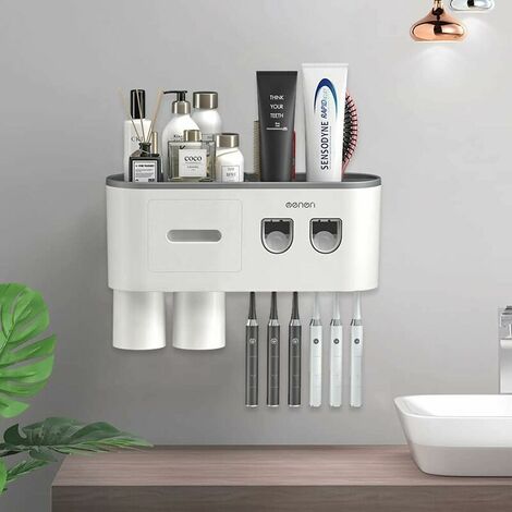 Wall-mounted toothbrush holder with double automatic toothpaste dispenser, 2/3 cups (gray, 2 toothpaste dispensers, 2 cups)