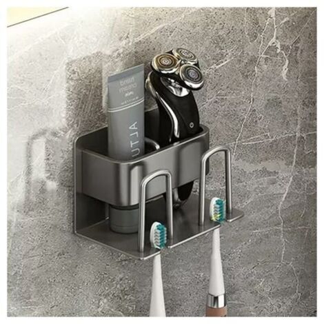 Wall-Mounted Toothbrush Holder without Drilling, Electric Toothbrush Holder, Adhesive Toothbrush Holder with 2 Cup Holders + 2 Toothbrush Head Slots Shelf