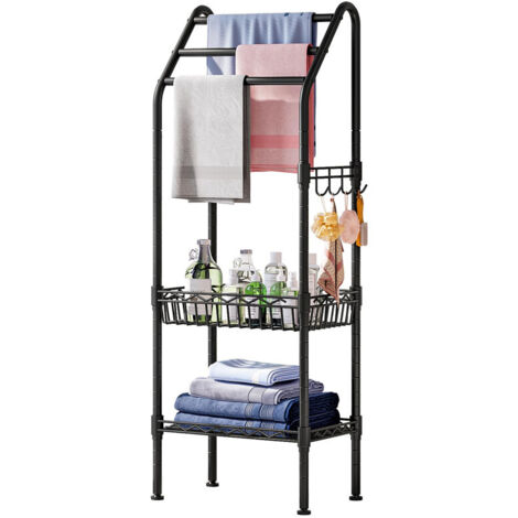 Wall Mounted Towel Rack, Space-Saving Bathroom Storage Organizer with Multi-Functional Hooks