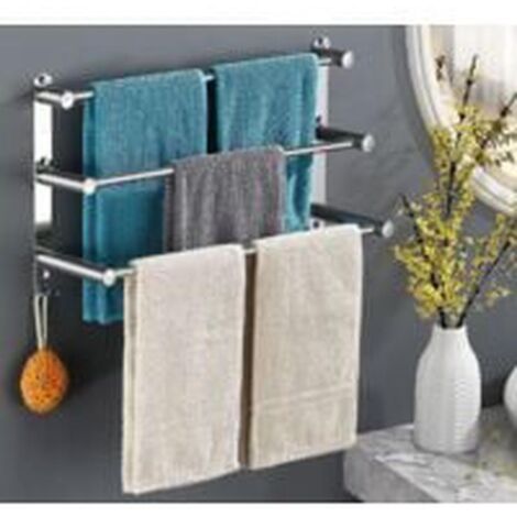 Wall-mounted towel rack with 3 bars, 80 cm wide, made of 304 stainless steel with hooks for bathroom and kitchen