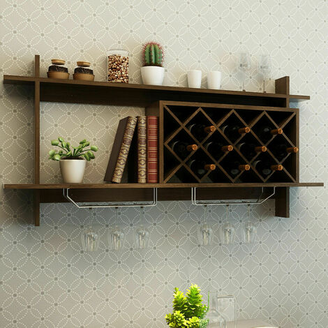 Wall-mounted Wine Rack 10 Bottles Holder Home Storage Display W/ Glasses Holder
