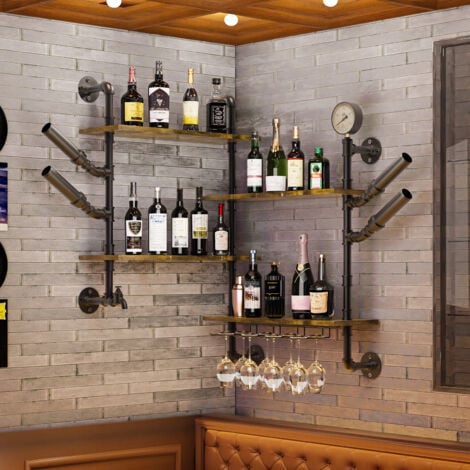 Wall Mounted Wine Rack Bar Shelves Industrial Pipe Glass Holder