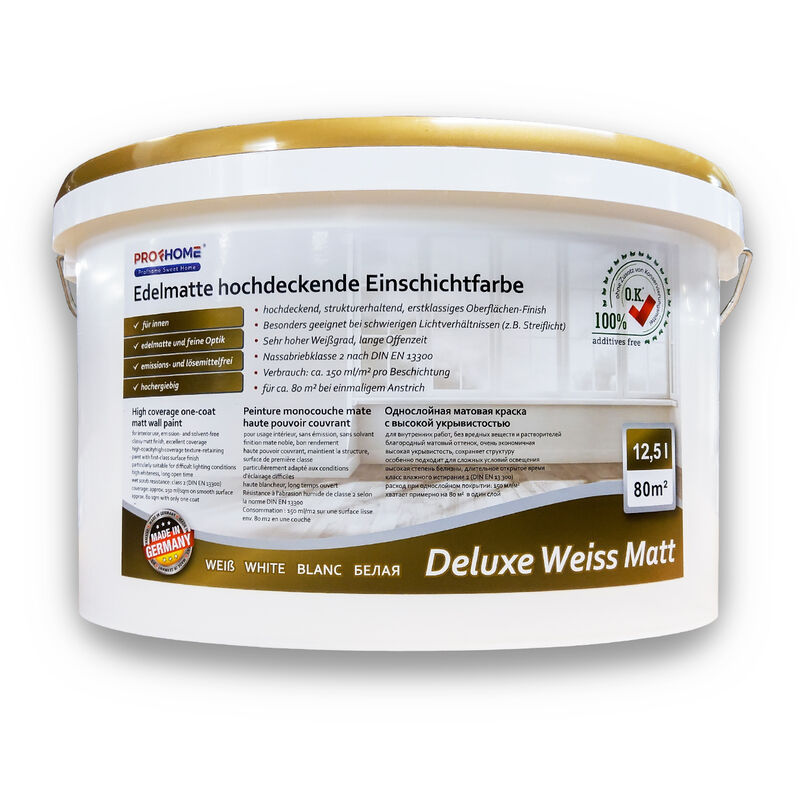 E-delux - Wall paint profhome high coverage one-coat paint for interior walls ceilings white matt 12.5 ltr for 80 sqm - white