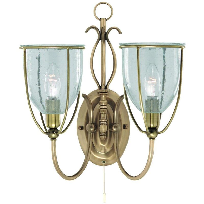 Silhouette - 2 Light Indoor Wall Light Antique Brass with Seeded Glass Shades, E14 - Searchlight