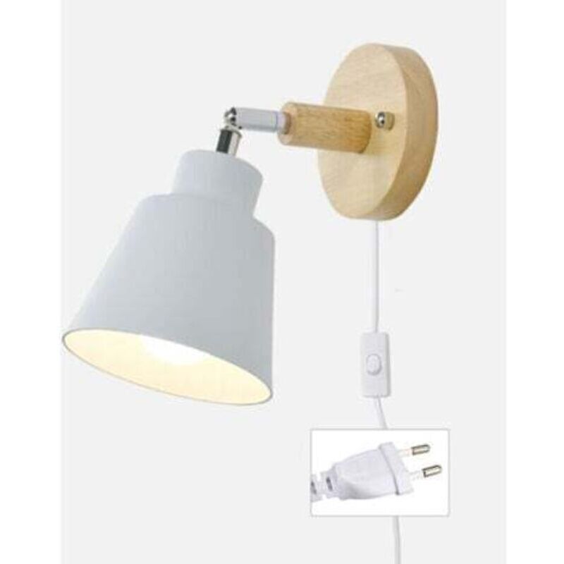 Wall Sconce with On/Off Switch and Plug, Modern Vintage Macaron Bedside Lamp, E27 Wooden Wall Sconce, Suitable for Living Room and Bedroom (White)