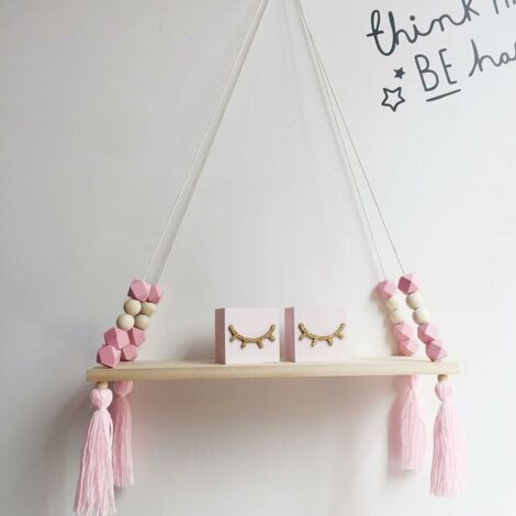 Wall Shelf Floating Shelf Wood Rack Hanging Swing Wall Shelf Wall Chart Macaron Board Girls Nursery Decor Size: 38x14x1.2cm (Pink)