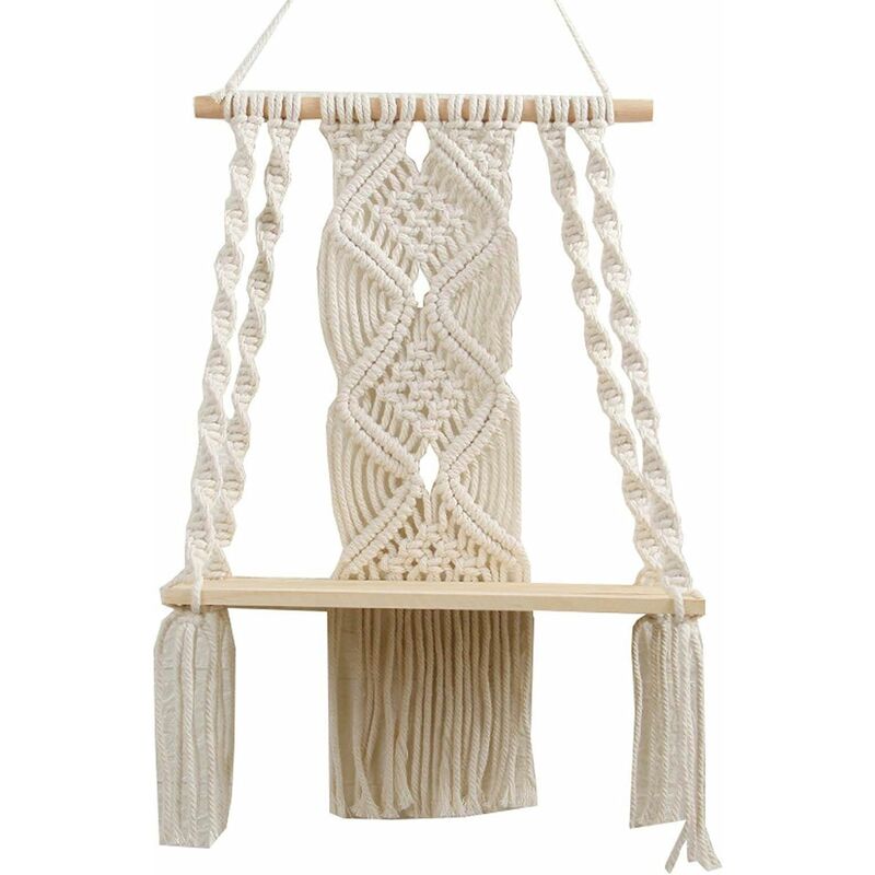 Wall Shelf, Hand Woven Wall Mounted Bohemian Macrame Tapestry, with Wooden Shelf for Wedding Party/Home Decor 30x50cm