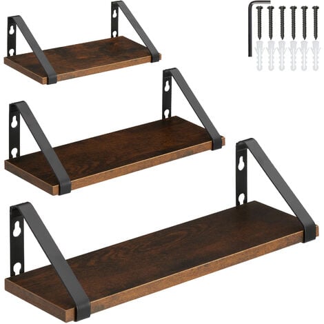 Wall Shelves Cowell - set of 3, decorative metal brackets, high load-capacity, 3 widths included - Wooden Shelf, Wall Bookshelf, Rustic Shelves - Industrial wood dark, rustic