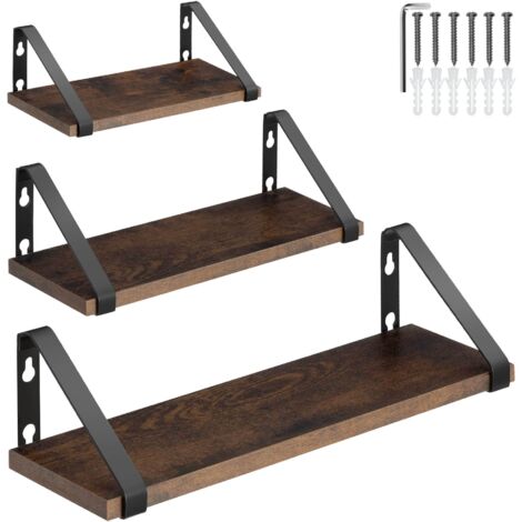 Wall Shelves - set of 3, decorative metal brackets, high load-capacity, 3 widths included - Wooden Shelf, Wall Bookshelf, Rustic Shelves - Industrial wood dark, rustic