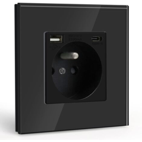 Wall socket with USB and 1 Type C, AC Black with crystal glass panel, Wall socket with USB (max. 2.1 A), suitable for smartphone, tablet