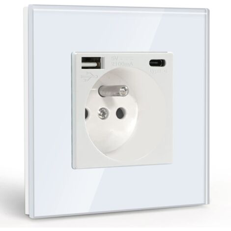 Wall Socket with USB and 1 Type C, White AC with Crystal Glass Panel, Wall Power Strip with USB (max2.1A), suitable for smartphone, tablet