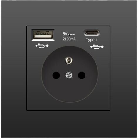 Wall socket with USB and Type-C, 5V - 2.1A, Integrated standard EU USB power socket, French power strip, 110-250V (black)