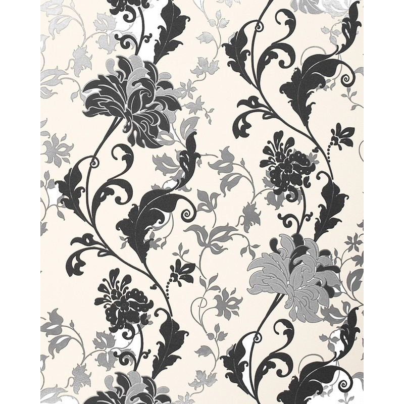 Edem - Wallpaper flowers 833-20 floral design flowers leaves floral wallcovering black white silver cream 2.3 ft