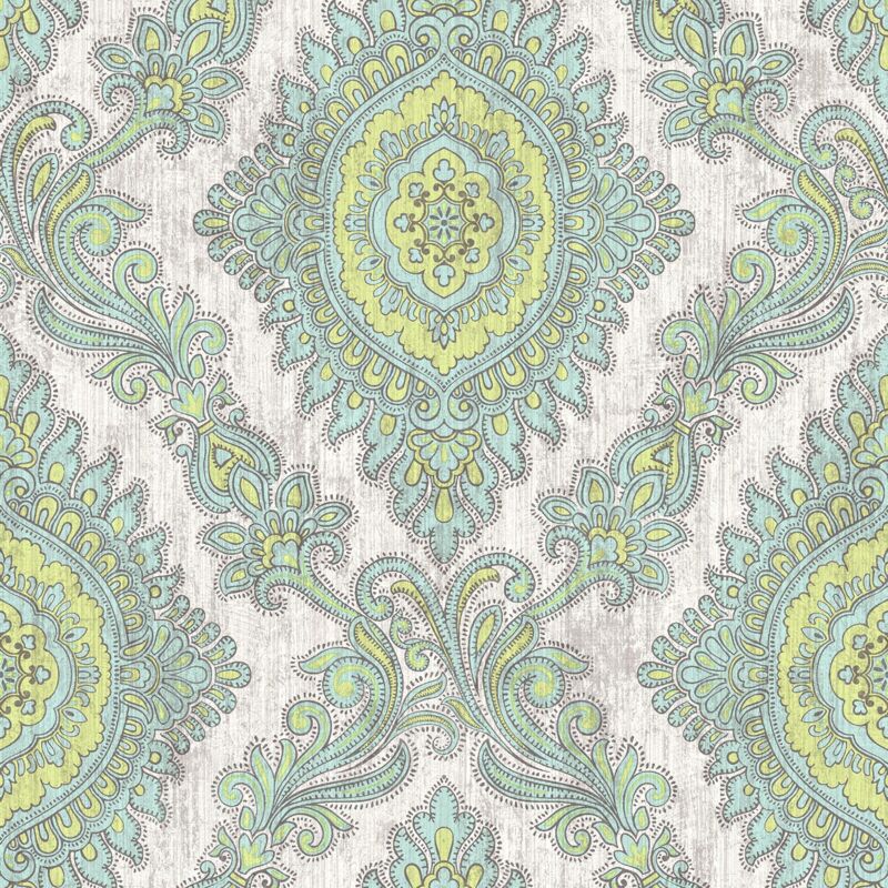 Wallquest - Villa Rosa Damask Green Wallpaper Floral Classic Acrylic Coated