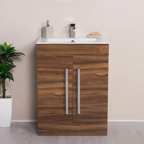 Walnut 600mm Bathroom Vanity Unit Basin Soft Close Door Flat Pack