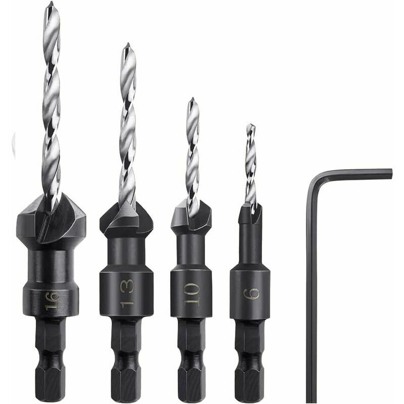 Walnut Cutters, 4 Pieces Hexagonal Countersink Taper Drill Bits with a Small Wrench, Tapered Wood Cutter Suitable for Wood or Laminate Panels
