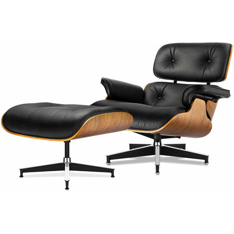 Walnut Klassischer Eams Lounge Chair und Ottomane Echt Leder Top Grain Leather