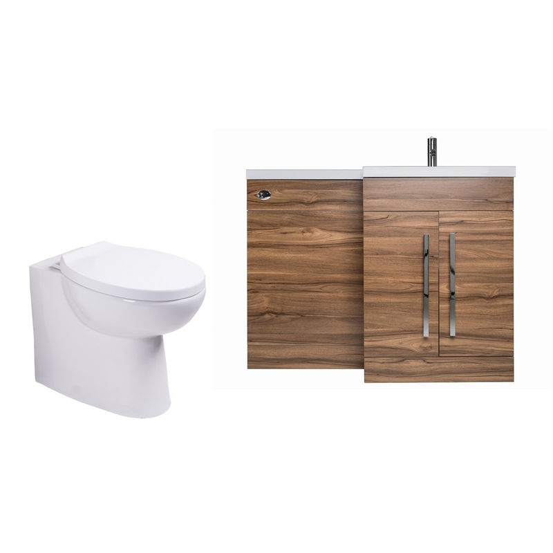 Walnut Right Hand Combination Vanity Unit basin Set & Toilet + Seat + Cistern