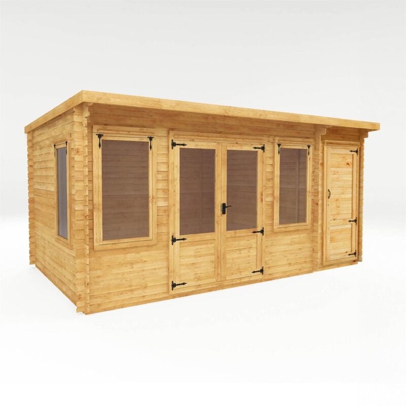 Waltons Wooden Pent Garden Room Double Door 19mm Log Cabin - 5.1m x 3.0m Log Cabin with Side Shed