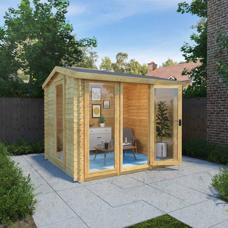 Wooden Reverse Apex Garden Room Double Door 19mm Log Cabin - 3m x 2.5m Log Cabin - Waltons