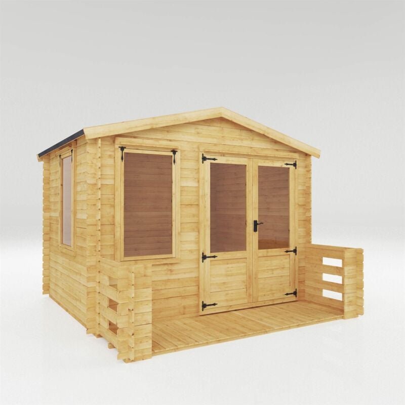 Wooden Apex Garden Room Double Door 19mm Log Cabin - 3.3m x 3.4m Log Cabin with Veranda - Waltons