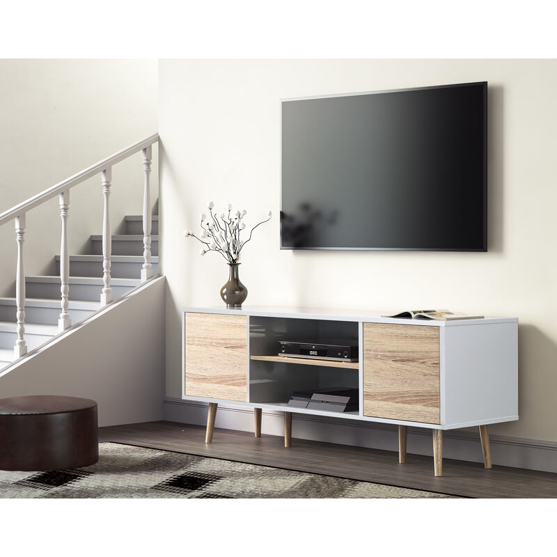 Fernsehtisch TV Lowboard Wei? und Eiche f¨¹r bis zu 65 Zoll Fernseher, TV Schrank mit 2 Push-to-Open T¨¹ren und Verstellbare Regal f¨¹r Wohnzimmer,