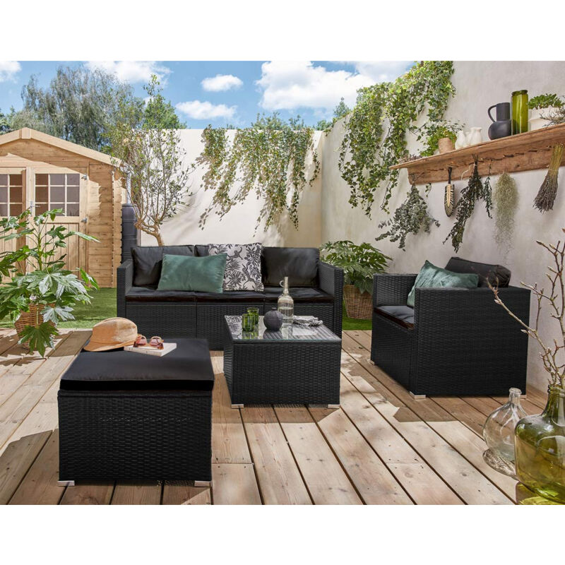Bestmobilier - Wanaka - salon de jardin en résine tressée - 5 places - coussins noir