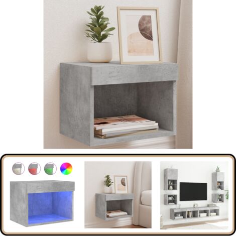 Wand-Nachttisch mit LED-Leuchten Betongrau - TV-Sideboard - Nachtkästchen - Holz Sideboard - Wohnraum Möbel - Regal