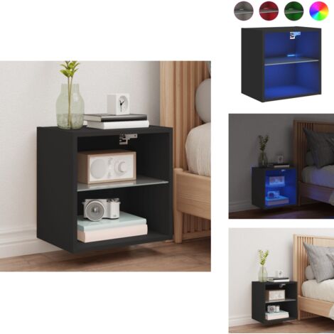 Wand-Nachttisch mit LED-Leuchten Schwarz - TV-Tisch - Nachtkast - Nachttisch - Holznachtttisch - LED-Beleuchtung