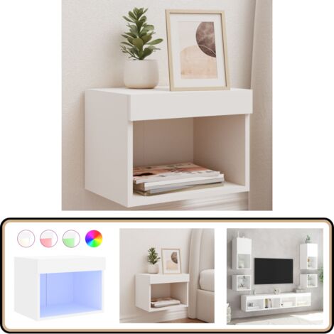 Wand-Nachttisch mit LED-Leuchten Weiß - TV-Stand - Nachtkästchen - Wohnraumdeko - Beleuchtung - Regal