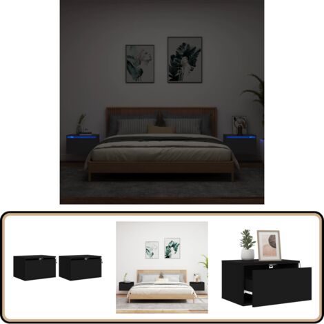 Wand-Nachttische mit LED-Leuchten 2 Stk. Schwarz - Wand-Nachttisch - Holzwerkstoff Möbel - Nachttisch Mit Beleuchtung - Schwarzer Nachttisch - Wohnzimmer Dekoration