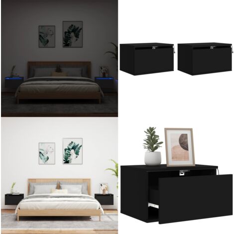 Wand-Nachttische mit LED-Leuchten 2 Stk. Schwarz - Wand-Nachttisch - Holzwerkstoff Möbel - Nachttisch Mit Beleuchtung - Schwarzer Nachttisch - Wohnzimmer Dekoration - Home & Living
