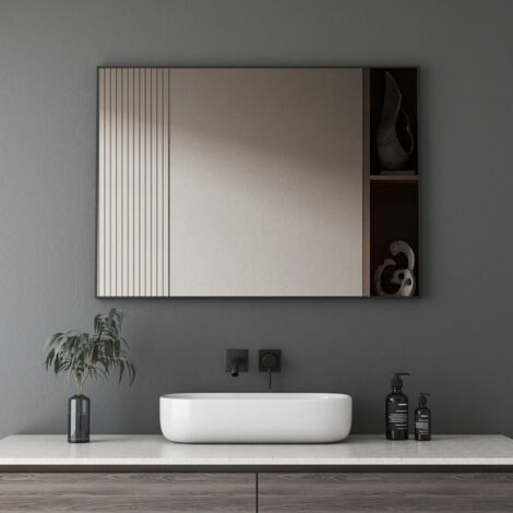Wand Spiegel Schwarz 80x60cm, Badezimmerspiegel Badspiegel mit Metallrahmen, HD Glas Rechteckiger Spiegel Flur für Badezimmer, Wohnzimmer, Schlafzimmer, Wanddekoration