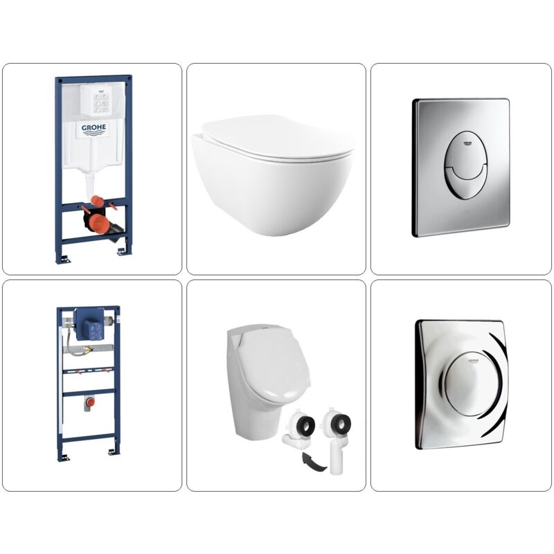 Free Wand wc spülrandlos mit SoftClose WC-Sitz, Urinal & grohe Vorwandelemente + Betätigungsplatten, chrom