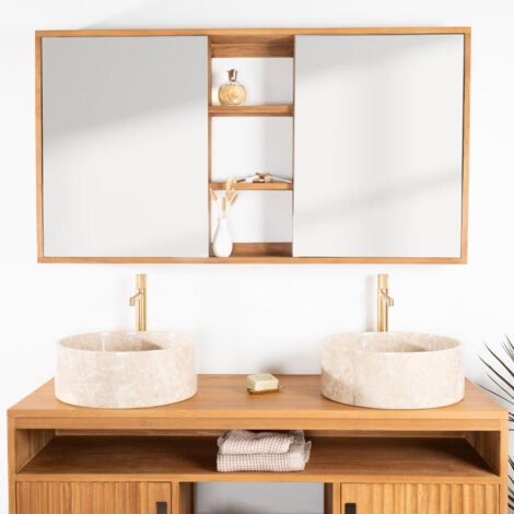 Wanda Collection – Miroir armoire de toilette double en bois massif teck 130 cm – 3 étagères – Pour salle de bain moderne – Fixation murale