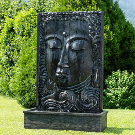 Wanda Collection – Fontaine de jardin mur d'eau visage de bouddha 210 cm – Résine renforcée – Alimentation circuit fermé – Dimensions bassin 130x57 cm
