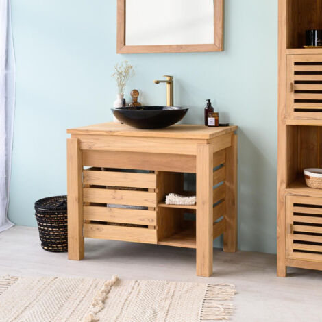 Wanda Collection – Meuble sous vasque en teck massif 85cm – Résistant à l'humidité – Dimensions compactes pour petites salles de bain – Rangement optimisé