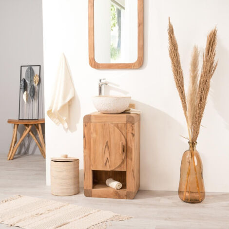 Wanda Collection – Meuble de salle de bain rétro 44 cm en teck massif – Compact avec vasque simple – Résistant à l'humidité – Design vintage