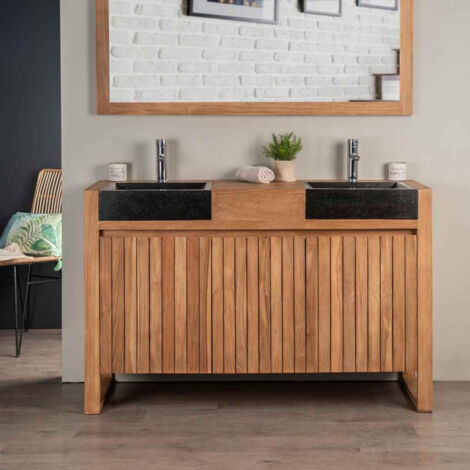 Wanda Collection – Meuble lave-mains en teck avec 2 vasques terrazzo noir – Dimensions L 140 x P 50 x H 90 – 2 portes lattées pour rangement élégant